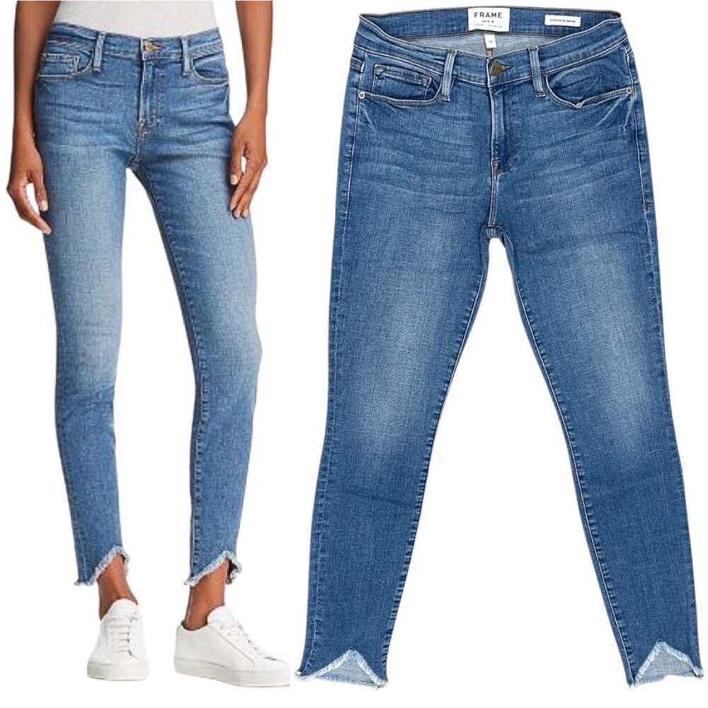 Frame Le Skinny De Jeanne Low Rise Triangle Hem Jeans in White Chapel Light Wash